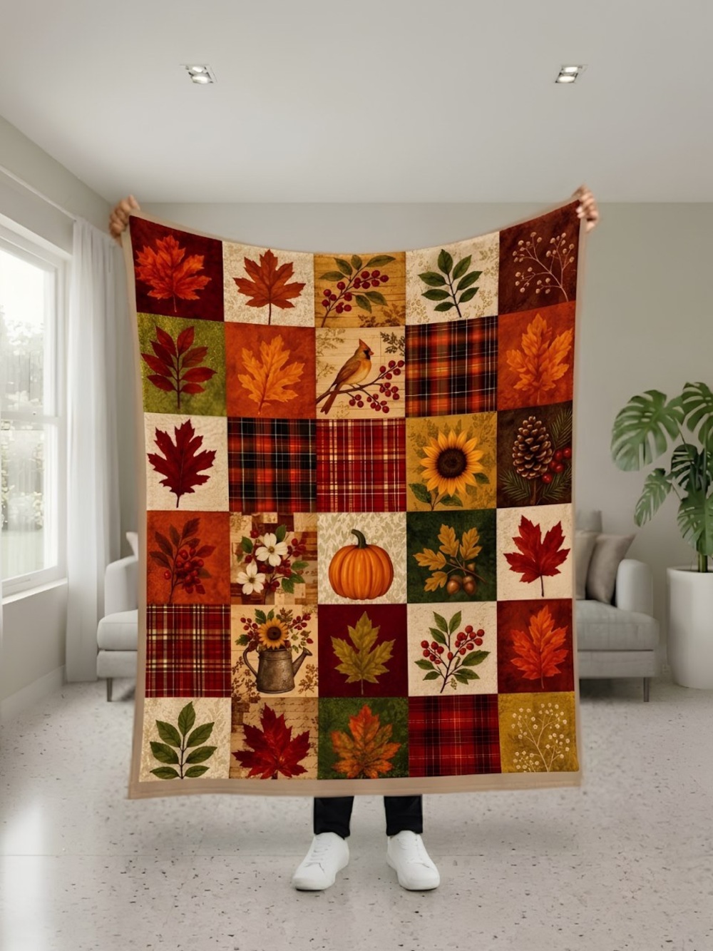 Autumn Harvest Patchwork Blanket - Orange, Red & Brown